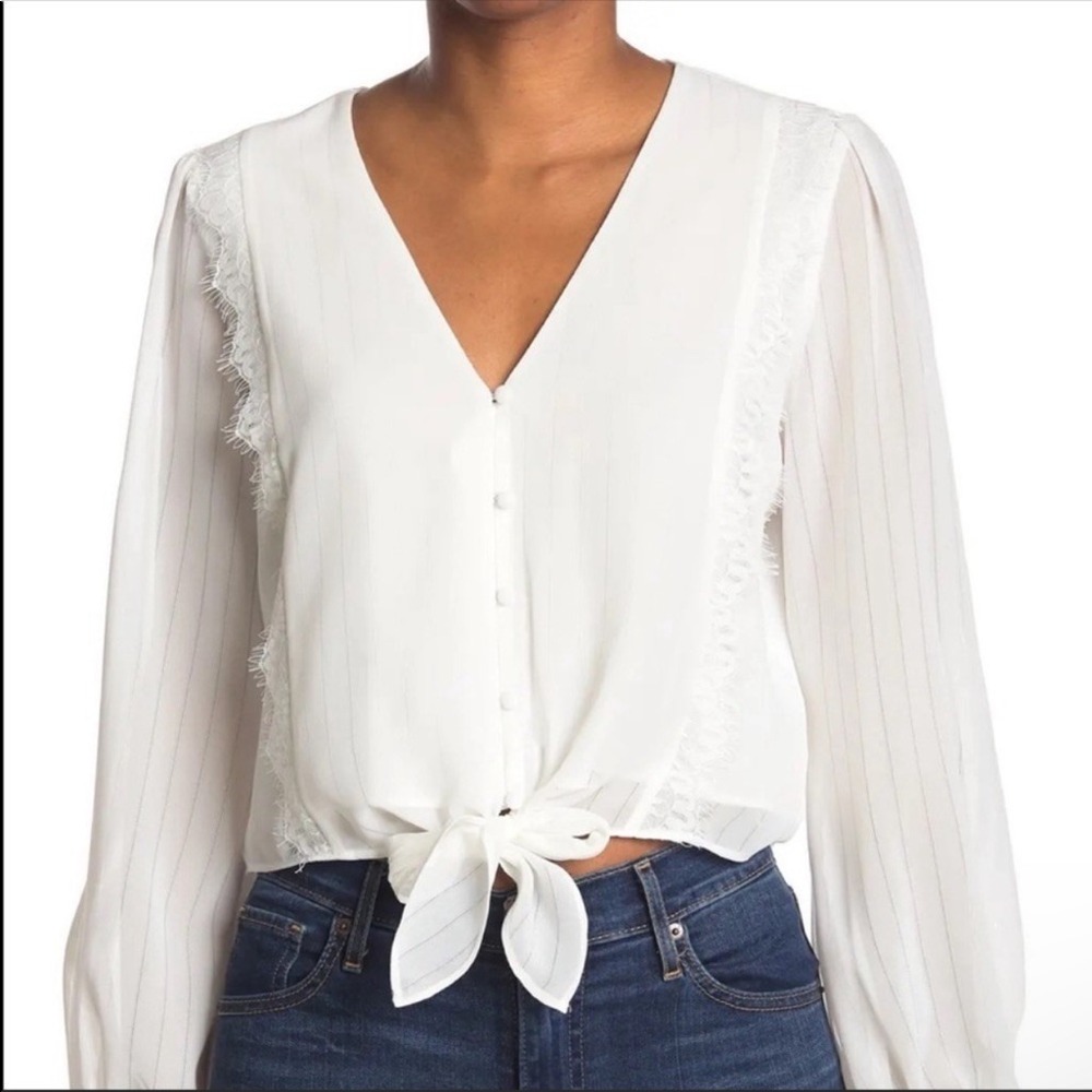 WAYF White Striped Lace‎ Trim Tie Front Long Sleeve Blouse Shirt Women's Medium